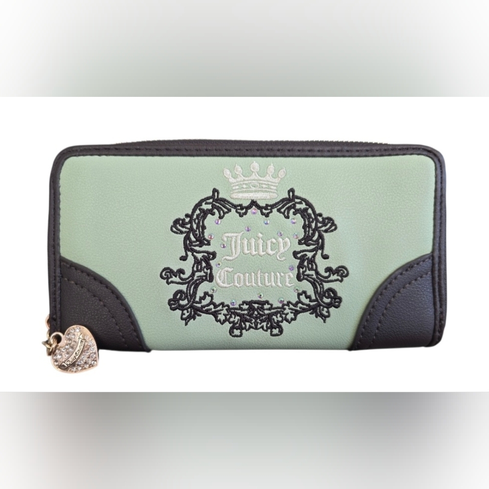 Juicy Couture Mint Green and Black Zip-Around Wallet with Heart Charm